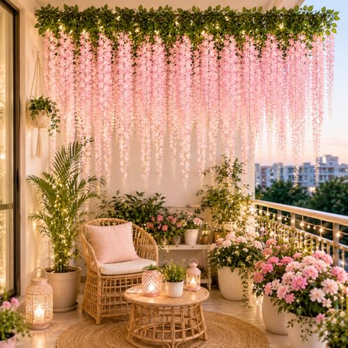 Image of Tia Crafts polyester Artificial Hanging Flowers for Ceiling Balcony|Baby Pink Wisteria Vine|Home Party Decor Garden Outdoor Greenery Wall Decoration|Waterproof Washable - 3.7ft Pack of 6 (Baby Pink,6)
