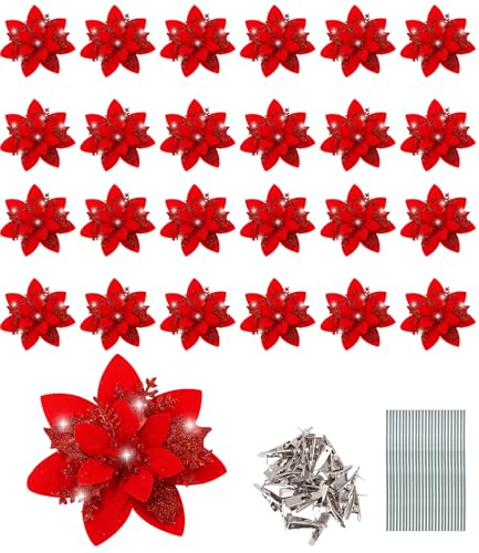 TIDEVAN 25 Stücke Weihnachten Blumen Weihnachten Glitzer Kunstblumen...