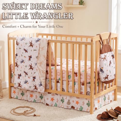 Image of Hahafelt 4 Pieces Crib Bedding Set for Girls and Boys, Soft Baby Bedding Set Including Crib Skirt, Comforter, Sheet and Diaper Stacker for Nursery(Western Cowboy)