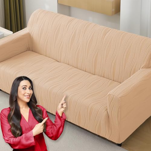 Image of HOKIPO 3 Seater Sofa Cover - 200 GSM Premium Jacquard Stretchable Fully Covered Slipcover,' Nestiva Series' Blush Beige (NEW-AR-5309-BGE)