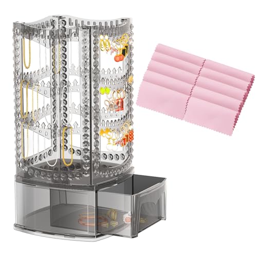 Image of Famitree Hanging Jewelry Organizer with 10 Silver Polishing Cloths, Jewelry Holder with 156 Holes and 160 Grooves for Earring, Necklaces, Bracelet with Rotating Hanger, Easy Assembly (Gray)