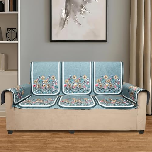 Image of Velvet Single Seater Sofa Cover with 2 Seat and Back Covers, 2 Hand Rest Covers - Floral Design - Washable Fabric - Stylish Sofa Cover for Modern Living Room (Green, 1 Seater With Arm Cover)