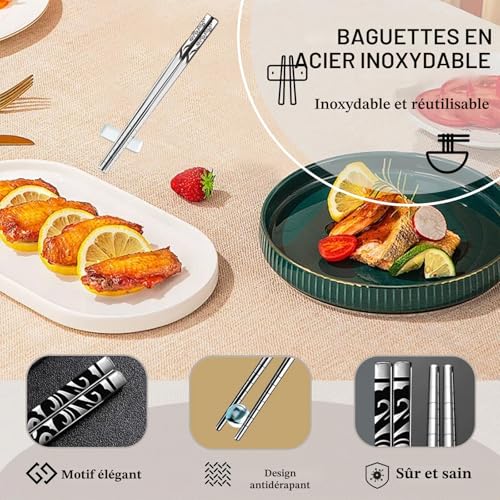 DONGDA Baguettes Réutilisables en Acier Inoxydable - 5 Paires en Métal Lavables au Lave-Vaisselle, Chinoises et Japonaises - Élégante Boîte Cadeau pour Cuisine – vue 3