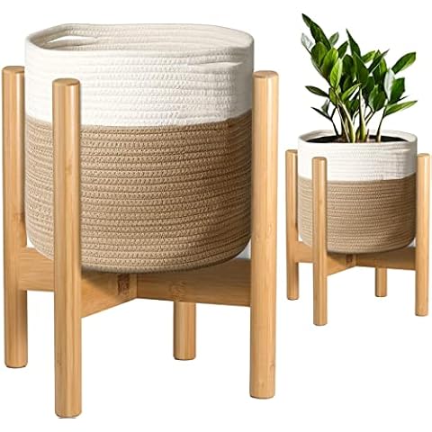 Planter Pot Basket with Stand for Indoor Plants - Fits 10 Inch Size Pots, Comes with Drip Tray/Saucer - Cotton and Bamboo Planter Set Cover