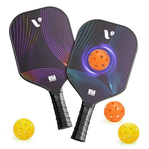 Pickleball Paddles Set of 2, USAPA Approved Fiberglass Pickle Ball Paddles with 4 Pickle Balls, Durable &Lightweight Racket for Beginners, Pros, Men, Women, Adults, Kids