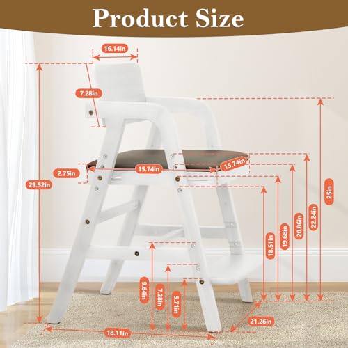 Image of Solid Wood High Chair for Toddlers to Teens, Adjustable Height Toddler Dining Chair, Easy to Clean Toddler Highchair with Removable Soft Cushion for Dining, Studying, Step Stool, White