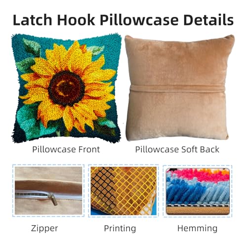 Image of A Sunflower DIY Latch Hook Pillow Kits for Adults Printed Pillowcase Crochet Yarns Hooking Handmade Pillow Cover Cushion for Home Sofa Decoration 17x17inch
