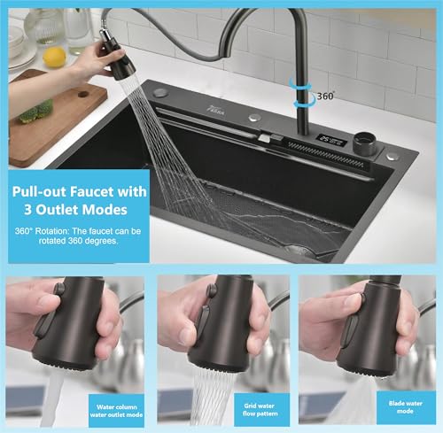 Image of Fosaa 30 inchx18 inchx9 inch 5-Year Warranty Original Smart Piano Waterfall Pure Premium Stainless Steel Model Kitchen Sink with Pull-Down Faucet, LED Panel & Display | Black Honeycomb Finish (2 Button)