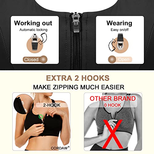 Image of Cordaw Zipper in Front Sports Bra High Impact Strappy Back Support Workout Top