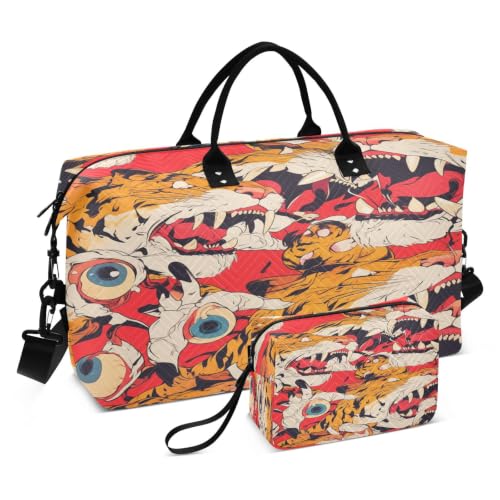 Sac à main de week-end tigre dessin animé grand format avec poches de rangement