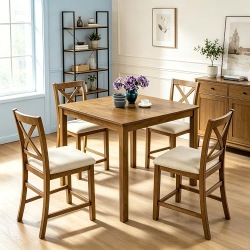 Image of LUMISOL 5-Piece Counter Height Dining Table Set for 4, Farmhouse Counter Height Kitchen Table with 4 Padded Chairs, Solid Wood Square Dining Table and Chairs Set for Dining Room, Kitchen, Oak