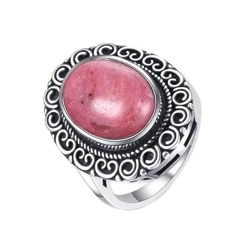 XJruixi Anéis de prata de lei 925 com rodocrosita natural romântico retro para mulher, pedra, presentes de casamento e aniversário, jóias finas