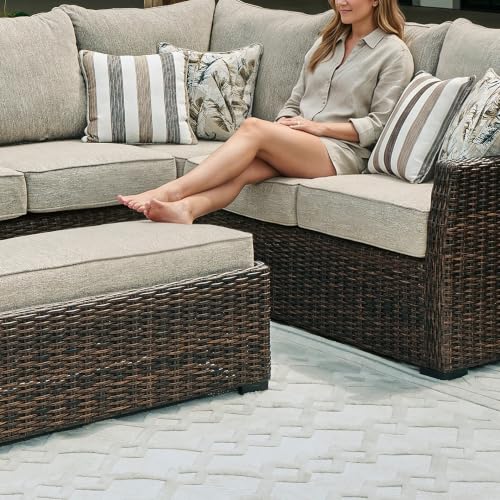 Image of Signature Design by Ashley Brook Ranch Outdoor Sectional, 3-Piece Patio Furniture Set with Rust-Free Aluminum Frame, L Shaped Resin Wicker Couch and Bench for Backyard Entertaining, Beige & Brown