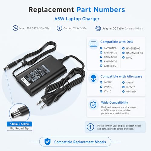 Image of 65W 7.4mm Laptop Charger Compatible with Dell Latitude Inspiron | 19.5V 3.34A AC Adapter For 5400 5480 5490 5500 5590 7480 7490 E5400 E5420 E5450 E5470 LA65NM130 HA65NM130 PA-12 Big Barrel