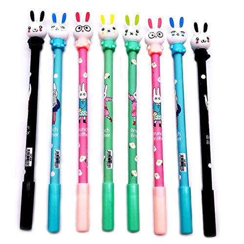 Creative Cartoon orejas de conejo pluma Paquete de 8pcs neutro Jelly agua negro firma pluma 0.5 mm Slim recambio mejor decoración de oficina estudiantes esencial papelería pluma