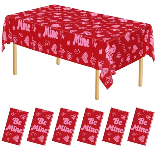 Image of QZYL 6 Pcs Valentines Tablecloth, 54 inch X 108 inch Pink Love Heart Plastic Table Cover, Valentines Disposable Rectangle Table Cloth, Valentine's Decorations for Love Wedding Engagement Anniversary Party