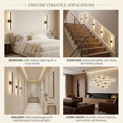 Image of SAH Contemporary LED Black Wall Light Vertical Metal Wall Lamp Soft & Bright LED 3 Step Color Changing, Ambient Lighting Ideal for Living Room, Bedroom, Hallway, Bathroom and Home Decoration
