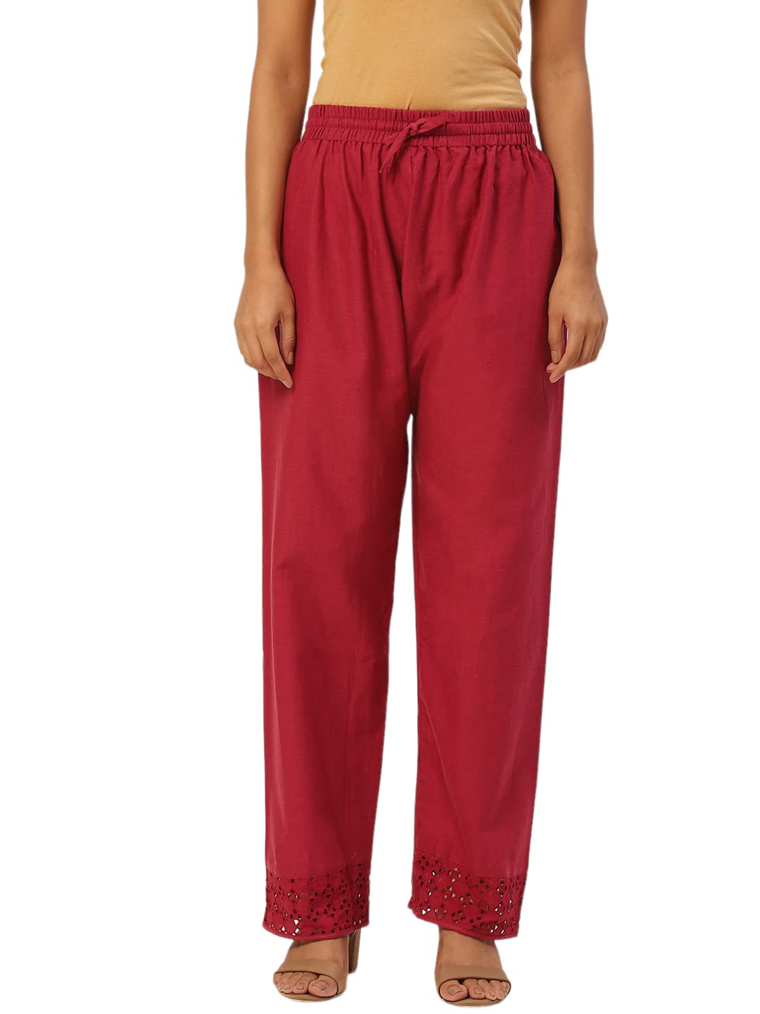 vastraa fusion Straight Regular Fit Stylish Solid Cotton Embroidered Lace Palazzo or Bottoms for Women's and Girls (VASTRAATS0167D) Maroon-picture-33