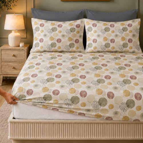 Image of LANE LINEN Symphony | 100% Cotton Sheet Set | Soft & Breathable Fabric | 3 Piece (1 Bedsheet + 2 Pillow Covers) | King Bed Sheet Set - Geometric Circle Pattern