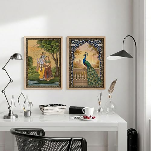 Image of Suneree Radha Krishna Miniature Painting with Peacock Wall Art | Set of 2 Framed Paintings | Traditional Mughal Indian Decor for Living Room Bedroom | (ART 4, 10x13 INCHES)