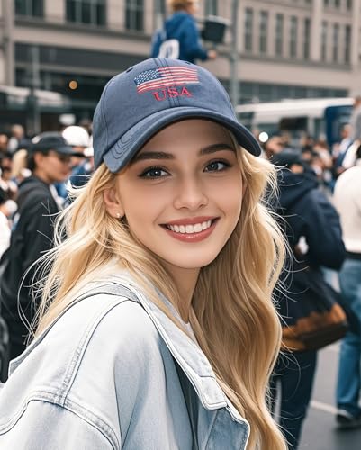 Image of USA Baseball Cap American Flag Washed Hat Adjustable Cotton Unconstructed Embroidered Cap