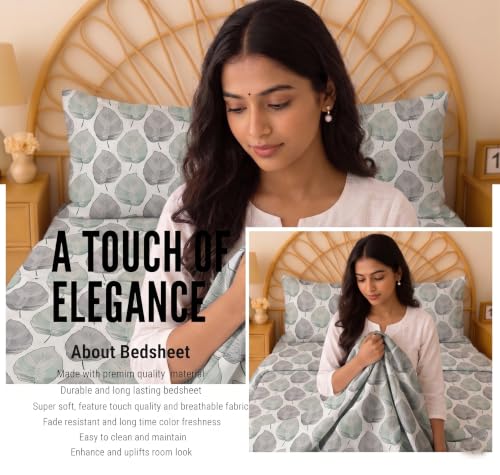 Image of IVAZA Ezyption Cotton Super Soft 240 TC Elastic Fitted All Around Elastic Printed King Size Double Bed Bedsheet with 2 Pillow Cover 72 inch X 78 inch3 Grey Leaf