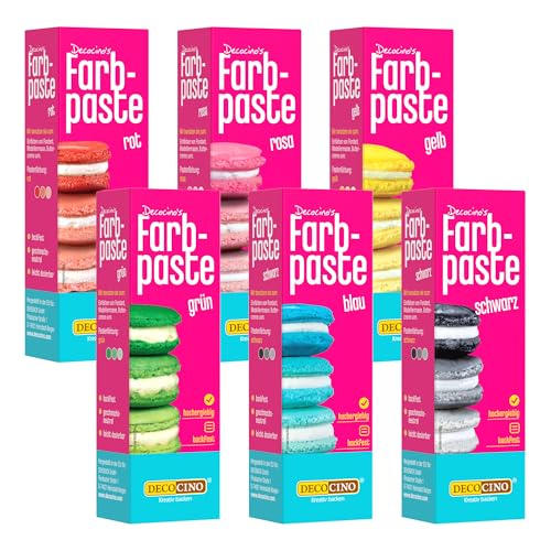 DECOCINO Farbpaste 6er-Set 6 x 20 g geschmacksneutrale Lebensmittelfarben in Rot Rosa Grün Gelb Blau und Schwarz ideal zum Einfärben von Kuchen Fondant und Cremes AZO-frei und glutenfrei