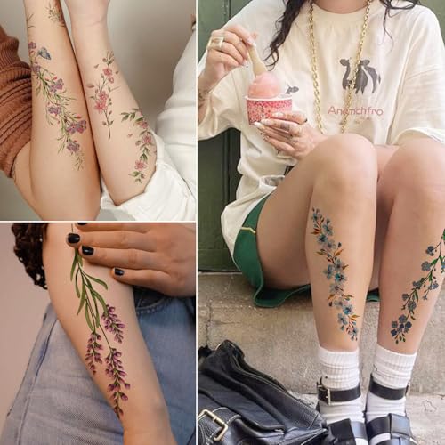 Tazimi Watercolor Temporary Tattoos For Women Girls-24 Sheets Colorful Flower Lavender Rose Vine Forget-Me-Not Plum Blossoms Wild Flowers Realistic Waterproof Tattoo Stickers Body Art thumb #5