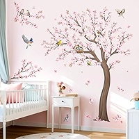 DECOWALL Cherry Blossom Wall Stickers - Pink Floral Tree With Birds & Butterflies