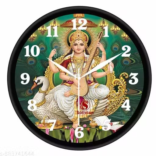 Goddess Saraswati Wall Clock 25 cm, Maa Saraswati Veena & Peacock Religious Decorative Analog Clock, Silent Quartz Movement, Hindu Wall Decor for Home & Puja Room-image-10