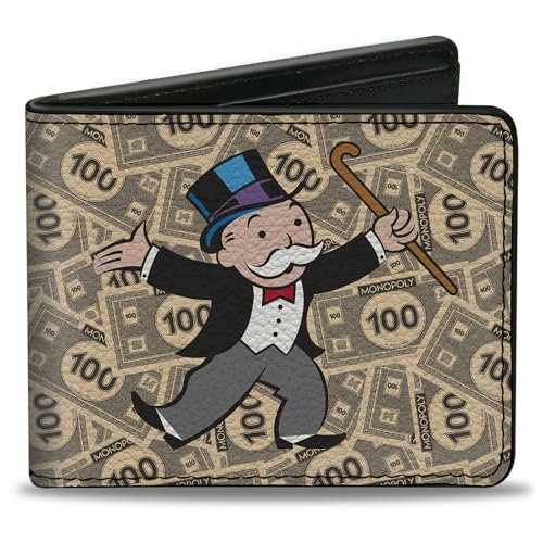 Buckle-Down Hasbro Wallet, Bifold, Mr Monopoly Rich Uncle Pennybags Pose 100 Money Bills Stacked, Vegan Leather