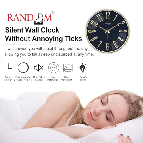 Image of RANDOM Silent Wall Clock, Non-Ticking Quartz Movement, Foiling Ring and 3D Numbers (Blue)