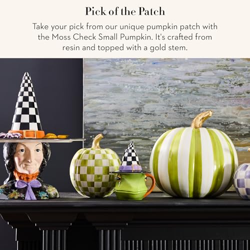 Image of MACKENZIE-CHILDS Pumpkin, Resin Halloween and Fall Decor, Small, Olive-Green Moss Check