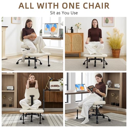 Image of Ergonomic Criss Cross Legged Office Chair, ADHD Chair, Wide Height Adjustable Seat 360 Swivel Footstool with Wheels, PU Leather Meditation Kneeling Chair, for The Restless Home Workers, Beige