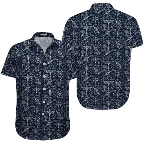 Mens Hawaiian Shirt Tropical Button Down Beach Shirt Short Sleeve Summer Aloha Shirt Pilot Airplane Print Casual Vacation Shirt for Men