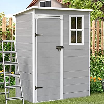UDPATIO Outdoor Resin Storage Shed 5x3 FT, Plastic Garden Shed for Bike, Garbage Can, Tool, Outside Sheds & Outdoor Storage Storage Box with Lockable Door for Backyard, Patio, Lawn, Grey & White