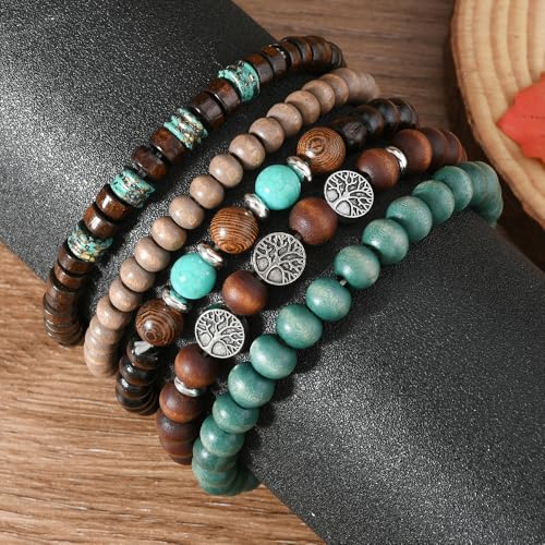 Tree of Life Beaded Bracelet for Women Men - Bohemian Wooden Beads & Stone Stretch Bracelet Stackable Jewelry Set Adjustable Spiritual Healing Bracelet gift for mom daughter2