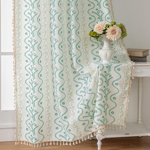 Image of Boho Curtains 45 Inch Long for Living Room, Bedroom,Sky Blue on White 2 Panels Floral Farmhouse Vintage Tassel Semi Sheer Light Filtering Privacy Window Curtain Drapes with Rod Pocket