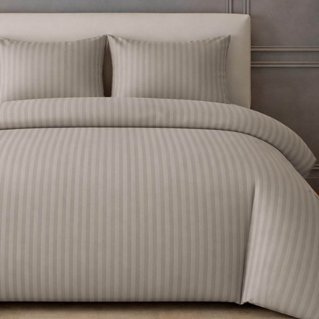 Lazzaro Home Feel The Difference Taupe Lazzaro Satin Stripe Double Duvet Set - Premium Hotel Quality Quilt Cover Double Bedding Set 3 Pcs - Hypoallergenic Ultra Soft Double Duvet Cover With Zipper Closure
