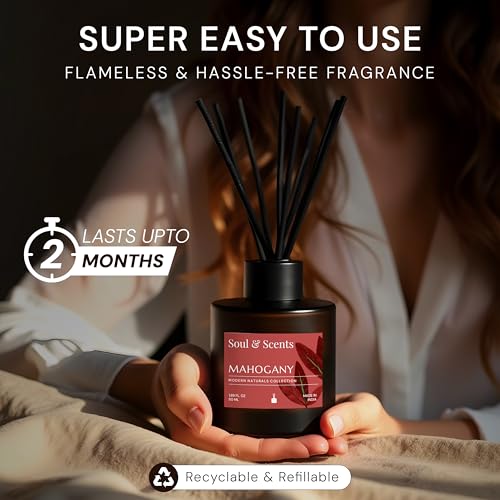 Image of Soul & Scents 50ml Mahogany Reed Diffuser Set | A Rich & Warm Scent of Woods | Get 5 Rattan Reed Sticks | Smoke Less Room Freshener for Home, Bedroom, Living Room & Office