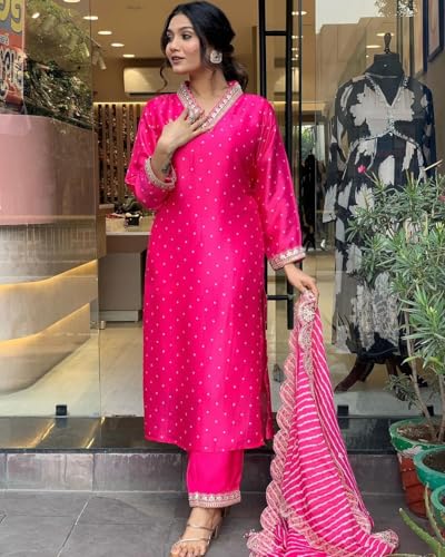 Image of Yashika Women's Silk Blend Table Print Kurta Pant Set with Mal Cotton Digital Print Dupatta and Embroidery Work Suitable for Every Indian Occasion