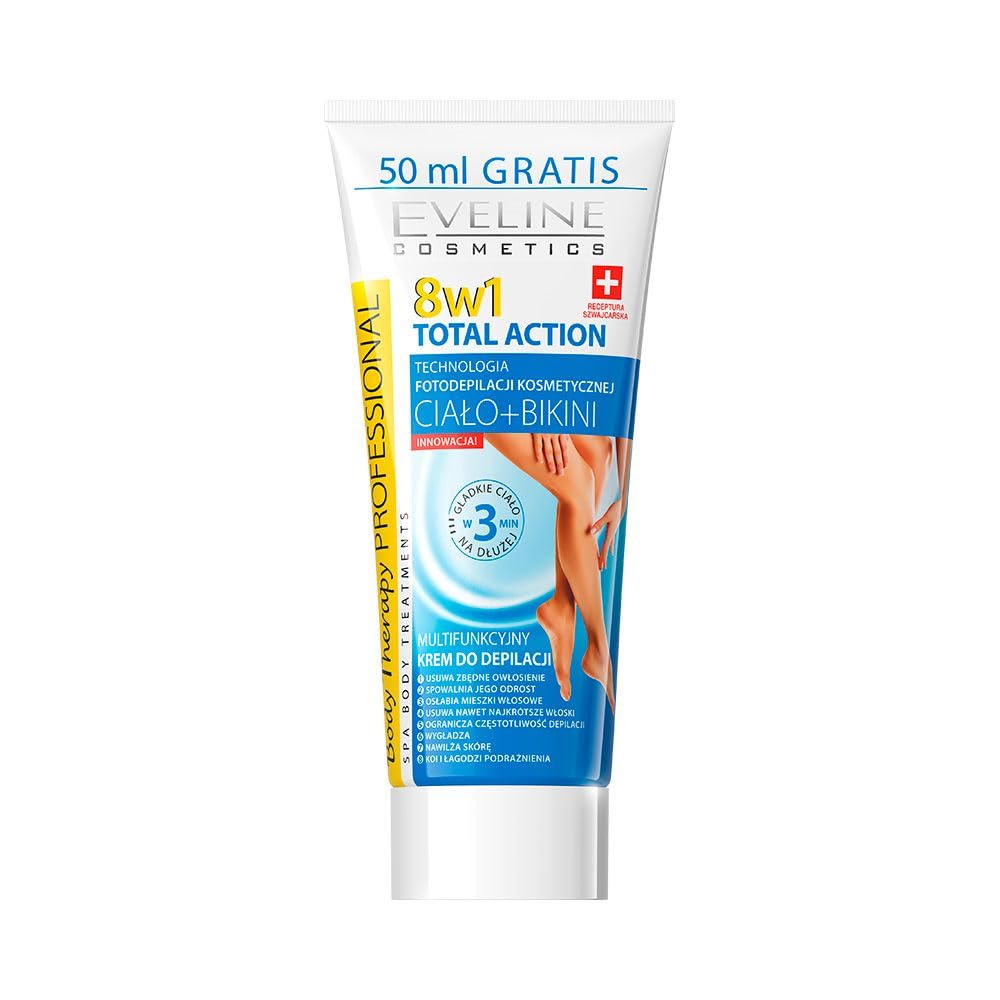 Eveline Cosmetics Body Therapy Professional 8-in-1 Total Action Multifunctional Hair Removal Cream - Aloe & Almond Oil Infused - Smooth Skin in 3 Minutes - 200ml