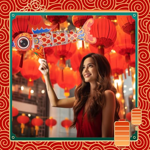 Image of Spring Festival Lantern Chinese New Year Lanterns Year of the Dragon Creative KOI Fish Lanterns Handmade DIY Lanterns Material Lantern(Red)