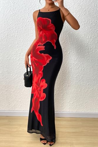 PRETTYGARDEN Womens Summer Dresses 2025 Elegant Spaghetti Straps Evening Gown Floral Print Bodycon Maxi Mesh Sundress2