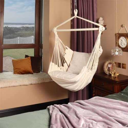 Highwild Hammock Chair Hanging Rope Swing - Max 500 Lbs - 2 Cushions Included - Steel Spreader Bar With Anti-Slip Rings - For Any Indoor Or Outdoor Spaces (Beige) #TOP1