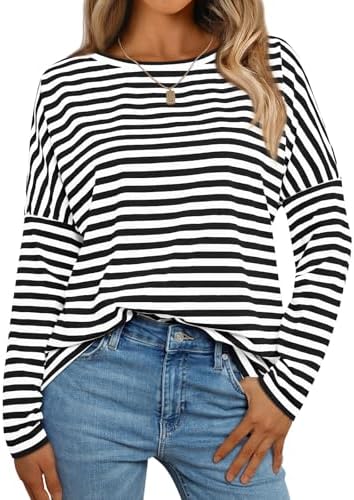 AUTOMET Womens Oversized Striped Long Sleeve Crew Neck Casual Shirts Basic Tops