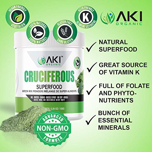 Aki Organic Cruciferous Superfood Blend Powder Made of Kale - Broccoli - Cabbage - Brussels - Sprout - Bok Choy - Arugula Ideal to Boost Greens Veggie Smoothie Supplements Vitamins Phytonutrient