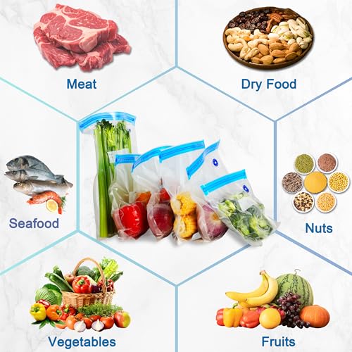 ZABINS 60PCS Reusable Vacuum Sealer Bags with Sealing Clips - BPA-Free Sous Vide Food Storage Bags in 3 Sizes, Air Valve & Leak-Proof Design, for Freezer, Meal Prep, and Travel (Sealer Not Included)