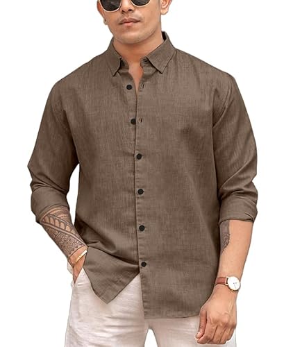 Men Linen Cotton Full Sleeve Shirt for Man | Mens Casual Shirt |Shirts for Men Stylish | Men Shirts | Casual Business Party Festival Regular Fit (in, Alpha, L, Khaki)