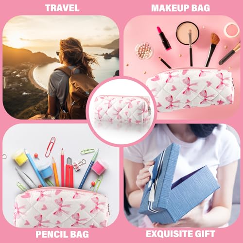 Image of Sherr Coquette Bow Pencil Case Pink Bow Cute Pencil Pouch Soft Cotton Storage Bag Aesthetic Pattern Gift Makeup Pouch Cosmetic Travel Bag for Women